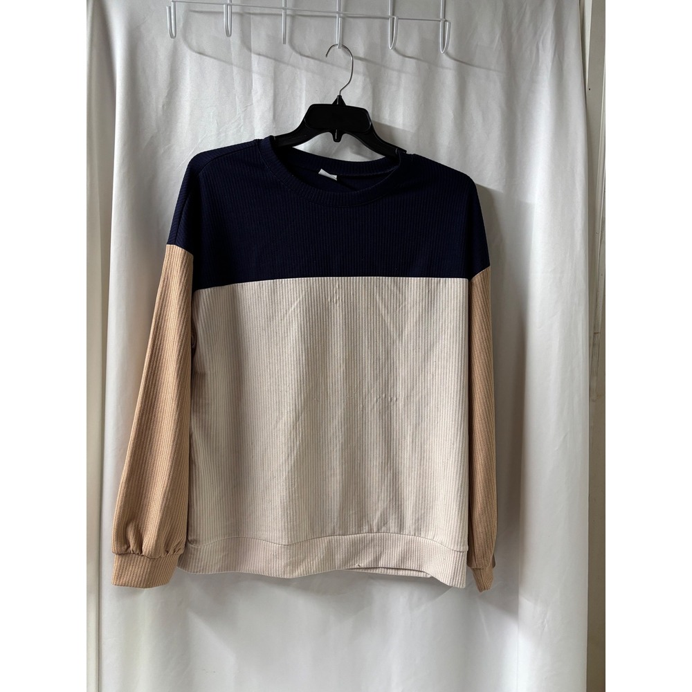 WIHOLL Color Block‎ Ribbed Pullover Sweatshirt Women's Size XL Navy Tan Cream